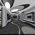 Modern Exhibition Hall With Curved White Black Structures And Display Screens