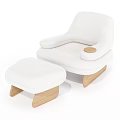 White Upholstered Single Seater Sofa with Matching Ottoman Wooden Legs and Armrest Tray