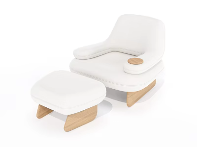 White Upholstered Single Seater Sofa with Matching Ottoman Wooden Legs and Armrest Tray 3d model