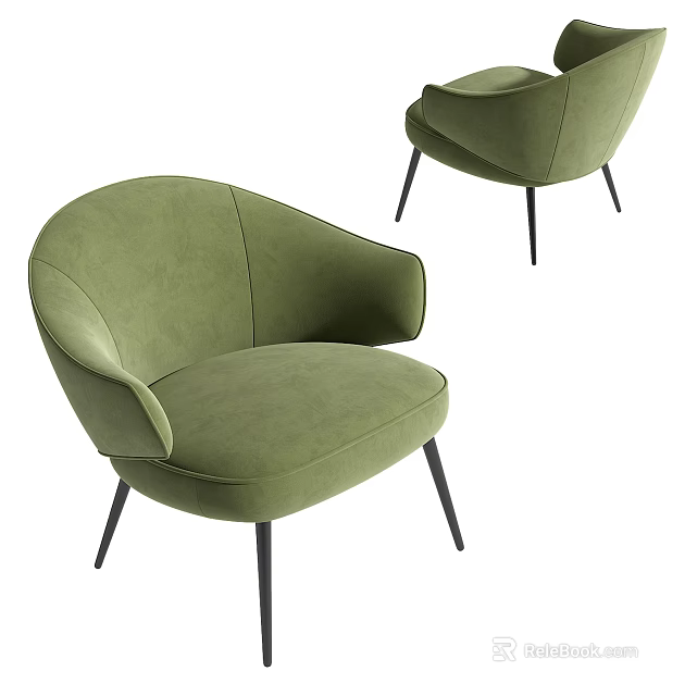 Green Velvet Modern Leisure Chair With Black Metal Legs And Curved Armrest Design 3d model 