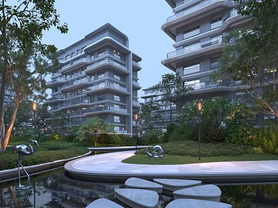 Elegant Modern Residential Building with Glass Curtain Wall Greenery Water Feature and Pathway 3d model
