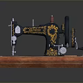 Vintage Sewing Machine As Household Item With Black Body Golden Patterns And Wooden Base