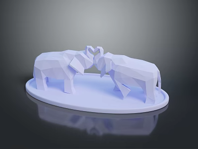 Low Poly Style White Elephant Models Standing On Circular White Base With Reflection 3d model