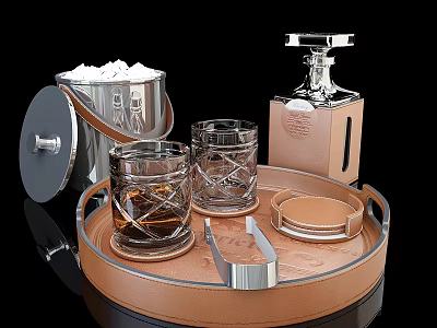 Luxury Whiskey Bottle and Two Glasses on Leather Tray with Ice Bucket and Tongs 3d model