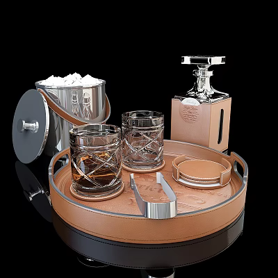 Luxury Whiskey Bottle and Two Glasses on Leather Tray with Ice Bucket and Tongs 3d model