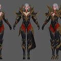 Game Female Elf Character With Silver White Hair Black Red Armor Golden Details Winged Shoulders