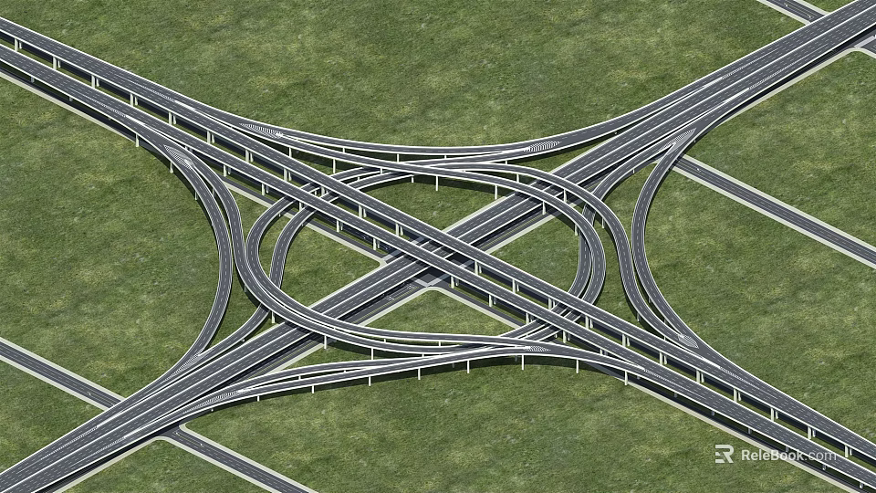 Complex Interchange Bridge Featuring Interwoven Roads Over Green Grass 3d model 
