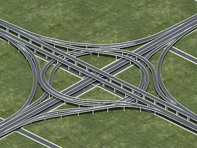 Complex Interchange Bridge Featuring Interwoven Roads Over Green Grass 3d model