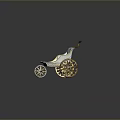 Vintage Baby Carriage With Gold Ornate Wheels And Light Blue Cushion