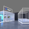 Modern Exhibition Booth Design Featuring White Frame Illuminated Lines Company Logo Stairs And Display Screens