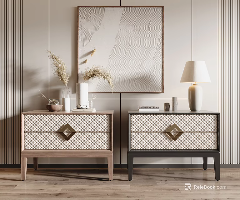 Modern Bedside Tables With Patterned Drawer Fronts Metal Handles And Accent Lamp 3d model 