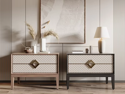 Modern Bedside Tables With Patterned Drawer Fronts Metal Handles And Accent Lamp 3d model