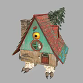 Cartoon Style House With Red Roof Green Walls Round Window Claw Legs And Pine Tree