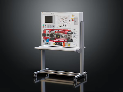 Professional Test Equipment With Display Screen Buttons Interfaces And Colored Wires On Wheeled Metal Stand 3d model