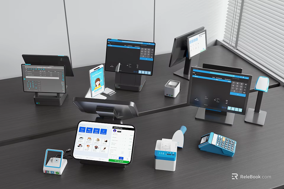 Advanced Business Equipment For Retail Stores Featuring POS Terminals Monitors And Receipt Printers 3d model 