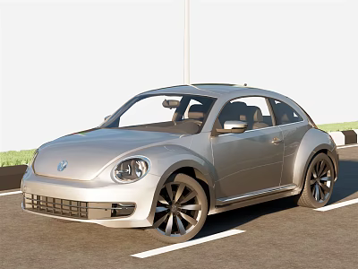 Silver Volkswagen Beetle Car With Classic Design And Black Wheels Parked On Road 3d model