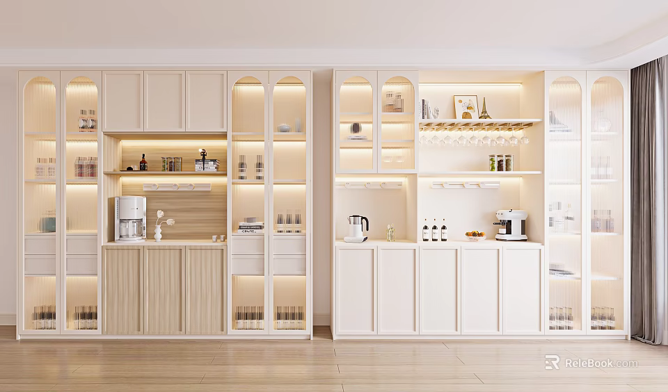Modern Open Kitchen Wine Cabinet With Glass Doors LED Lighting And Wooden Design 3d model 