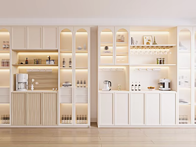 Modern Open Kitchen Wine Cabinet With Glass Doors LED Lighting And Wooden Design 3d model