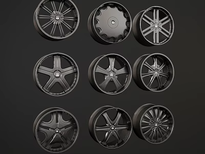 Various Stylish Car Tires With Different Alloy Wheel Rim Designs 3d model