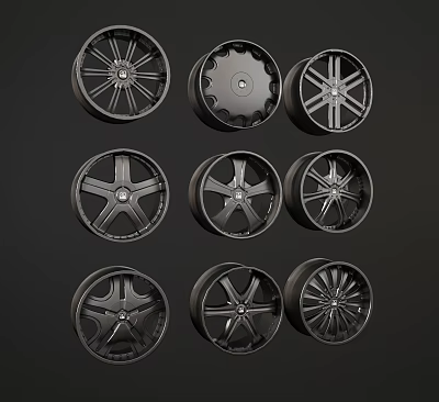 Various Stylish Car Tires With Different Alloy Wheel Rim Designs 3d model