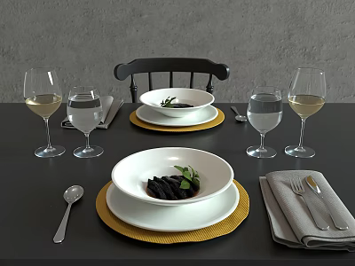 White Dinnerware Set with Bowls Plates Yellow Placemats Glasses Cutlery and Napkins on Table 3d model