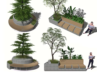 Wooden Outdoor Bench Surrounded by Trees and Green Plants in Comfortable Relaxing Garden Area 3d model
