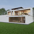 Modern Detached Villa Exterior With Green Lawn Trees And Wooden Grille Design