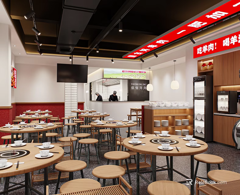 Modern Hot Pot Restaurant Interior With Wooden Tables Round Stools Counter And Menu Boards 3d model 