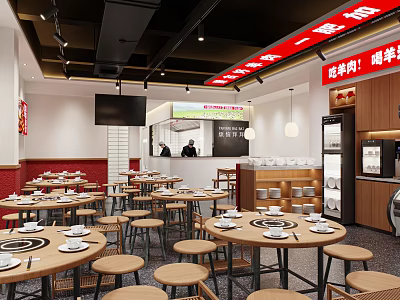 Modern Hot Pot Restaurant Interior With Wooden Tables Round Stools Counter And Menu Boards 3d model