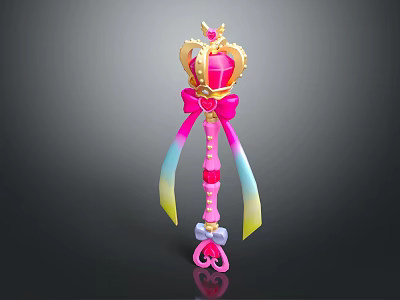 Pink Magic Wand Weapon With Crown Gemstone Bow And Colorful Ribbons 3d model