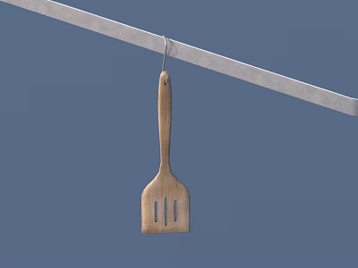Wooden Kitchen Spatula Hanging On Metal Rod Against Blue Background 3d model