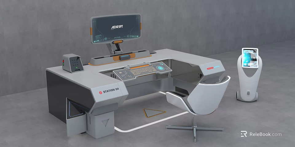 Modern Gray Office Desk with Monitor Keyboard Illuminated Blue Lines White Chair and Storage Compartment 3d model 