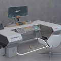 Modern Gray Office Desk with Monitor Keyboard Illuminated Blue Lines White Chair and Storage Compartment
