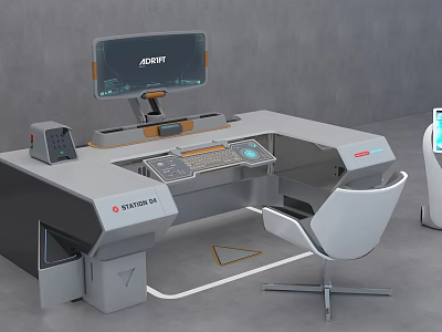 Modern Gray Office Desk with Monitor Keyboard Illuminated Blue Lines White Chair and Storage Compartment 3d model