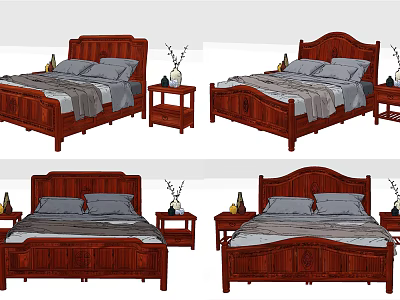 Wooden Double Bed with Carved Headboard and Nightstand Vase Decorations Gray Bedding 3d model
