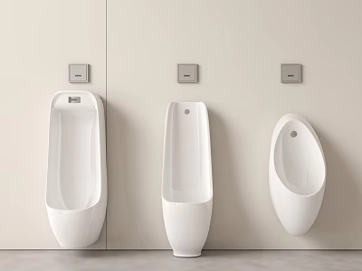 White Wall Mounted Urinals With Sensor Fixtures In Modern Public Restroom 3d model