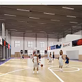 Indoor Basketball Court With Players Playing Basketball On Wooden Floor And Bright Lighting
