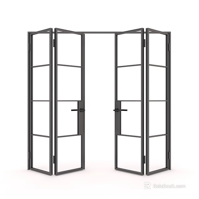 Modern Folding Double Doors With Black Metal Frame And Glass Panels 3d model 