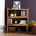 Wooden Bookshelf with Layered Design Books Plants Alarm Clock and Decorative Items