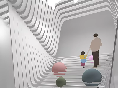 Modern Interior Space With Spiral White Lines Adult Holding Child And Colorful Spheres 3d model