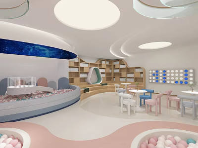 Kindergarten Interior Design With Blue Starry Sky Curved Bookshelves Round Lights And Colorful Ball Pits 3d model