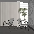 Modern White Accent Chairs With Metal Frame Against Vertical Striped Wall Blinds And Palm Plant