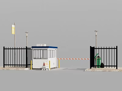 Roadside Facilities Featuring Security Booth Black Gates Barrier Street Lamps And Green Trash Bin 3d model