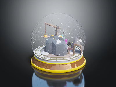 Decorative Ornament Set Featuring Snow Globe With Miniature Scene And Wooden Base 3d model