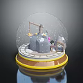 Decorative Ornament Set Featuring Snow Globe With Miniature Scene And Wooden Base