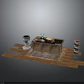 Stylish Wooden Desk Furniture With Patterned Rug Green Lamp Desk Stationery And Stack Of Books