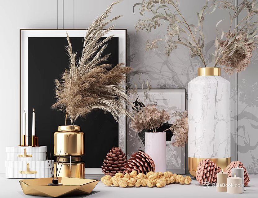 Decorative Ornament Set with Golden White Marble Vases Dried Pampas Grass Flowers Pine Cones Candles 3d model 
