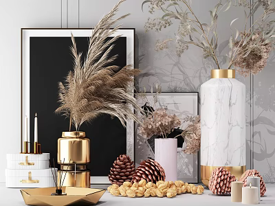 Decorative Ornament Set with Golden White Marble Vases Dried Pampas Grass Flowers Pine Cones Candles 3d model
