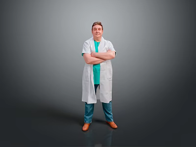 Man Wearing White Coat Green Shirt Blue Pants With Arms Crossed On Grey Background 3d model