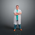 Man Wearing White Coat Green Shirt Blue Pants With Arms Crossed On Grey Background